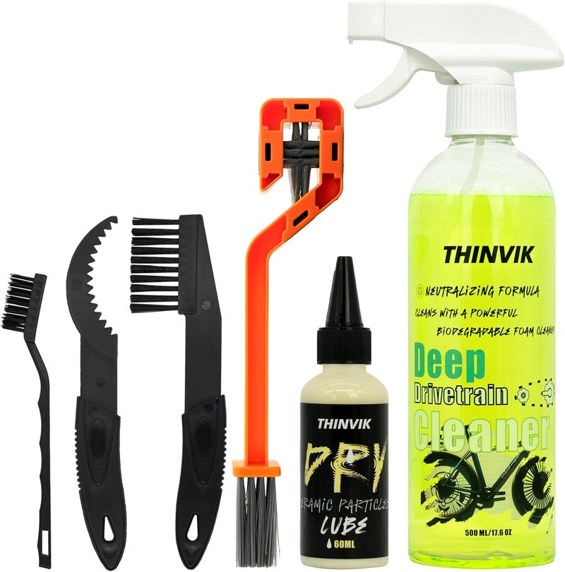 Thinvik Bike Lube and Cleaner Set with 500ml Chain Cleaner, 60ml Wet/Dry Lubricant and 4 Brush Tools for Cleaning Chains, Chainrings, Freewheel/Cassette - Image 1